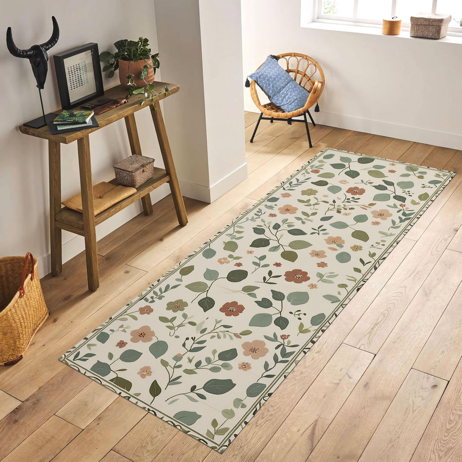 Botanical Floral Runner Rug, Cottagecore Leaf Hallway Carpet, Minimalist Nature Inspired Rug, Boho Botanical Decor, Soft Vintage Flower Rug