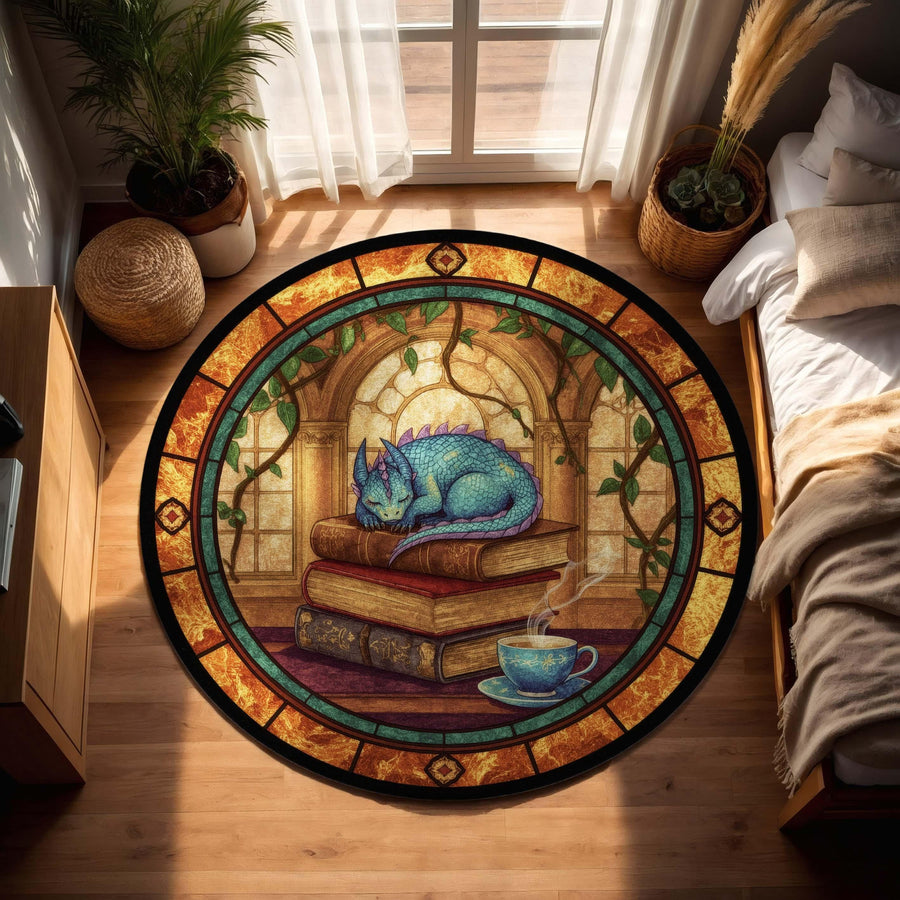 Sleeping Dragon Book Rug, Cozy Fantasy Library Decor with Tea and Books, Round Vitray Style Carpet, Book Lover Gift for Readers and Writers