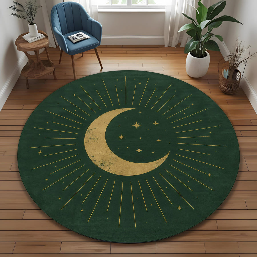 Mid Century Celestial Round Rug: Green Crescent Moon and Star Design for Astrology Decor, Witchy Room or Modern Mystic Spaces