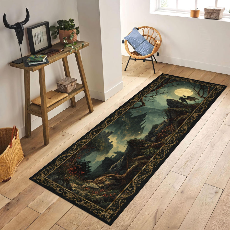Twilight Dragon Runner Rug, Fantasy Tapestry Rug, Moonlit Castle Decor, Gothic Hallway Rug, Mythical Creature Rug, Dark Forest Washable Rug
