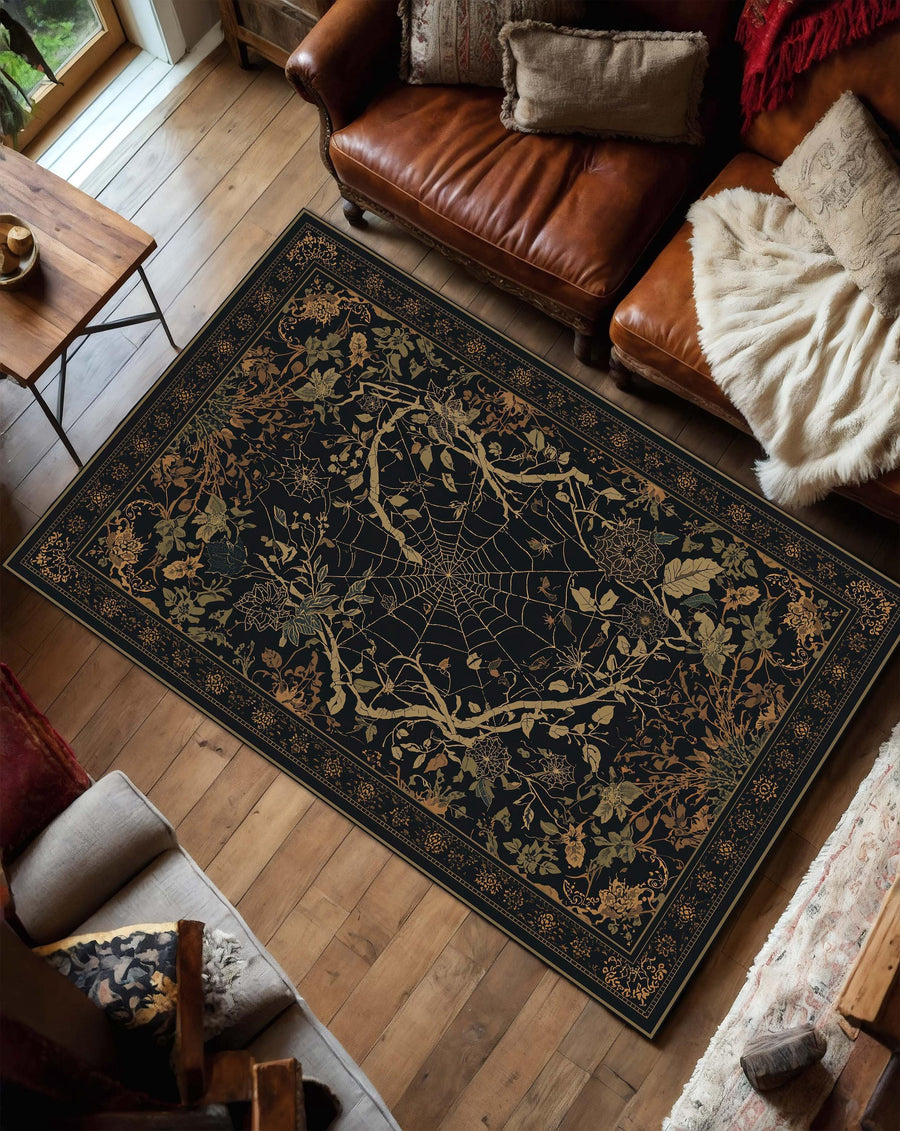 Dark Botanical Spiderweb Area Rug – Gothic Floral Vintage Style Carpet for Living Room, Witchy Cottagecore Decor, Victorian Style Home