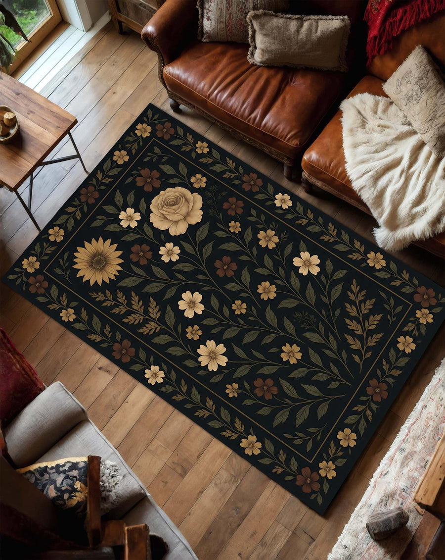 Botanical Floral Rug, Cottagecore Area Carpet with Yellow and Brown Flowers, Dark Botanical Living Room Rug for Rustic Farmhouse Interiors