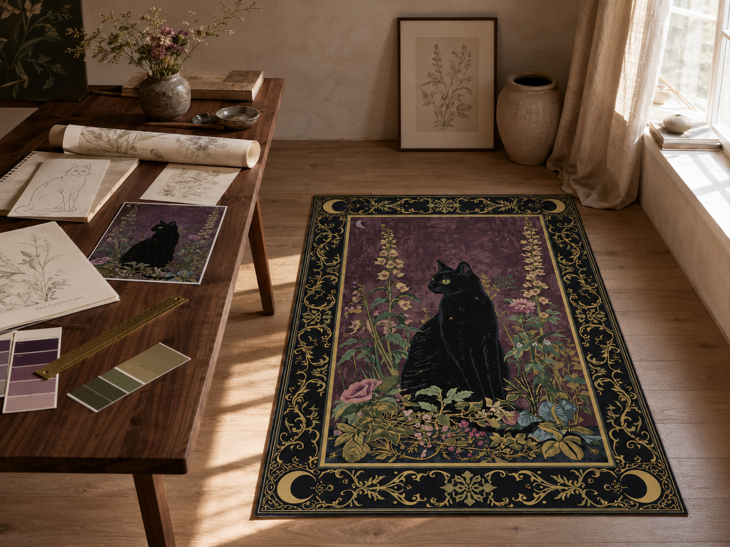 Custom rug design process with sketches, colour swatches and a finished Black Cat Floral rug