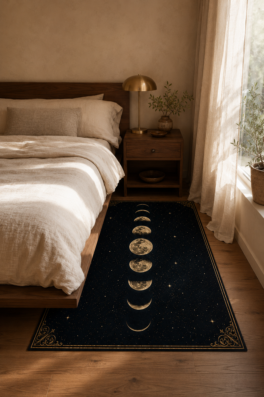 Warm bedroom with Moon Phase rectangular area rug