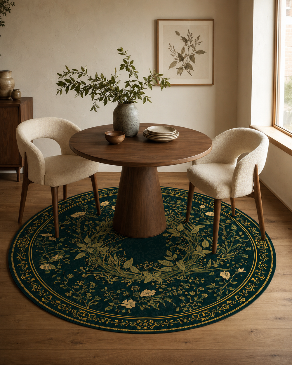 Warm dining room with round green botanical rug