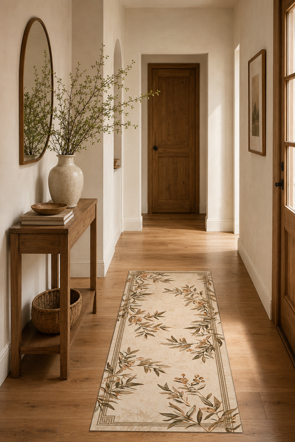 Warm hallway with beige botanical runner rug