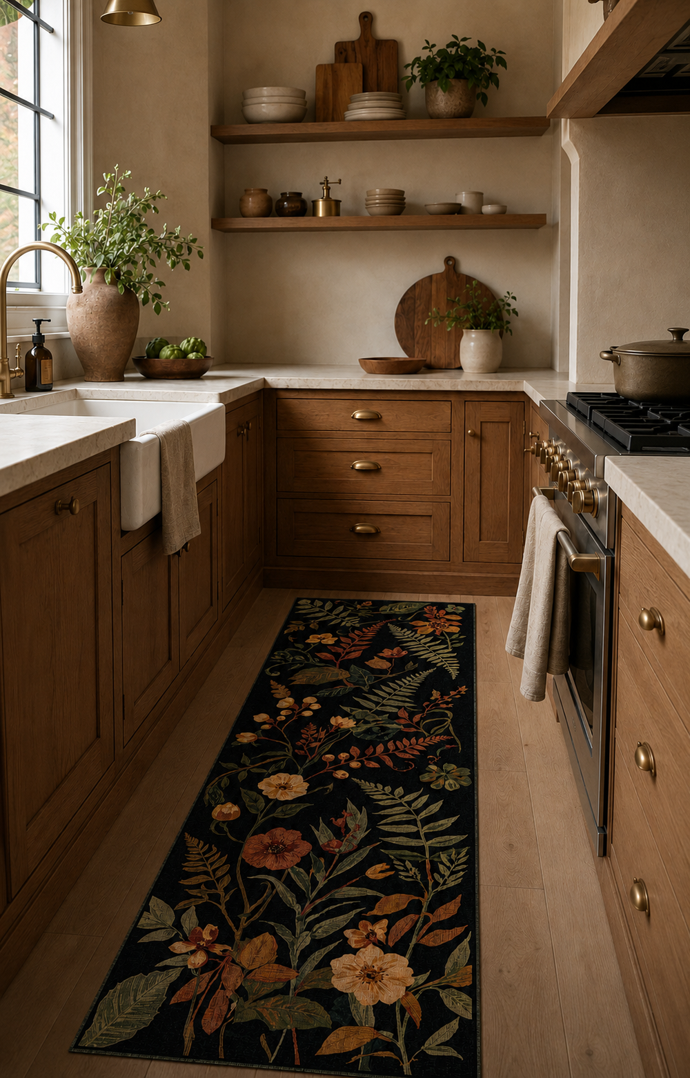 Warm kitchen with black botanical low-profile runner rug