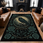 Gothic Floral Raven Area Rug: Dark Academia Washable Decor for Mystical Goth Rooms