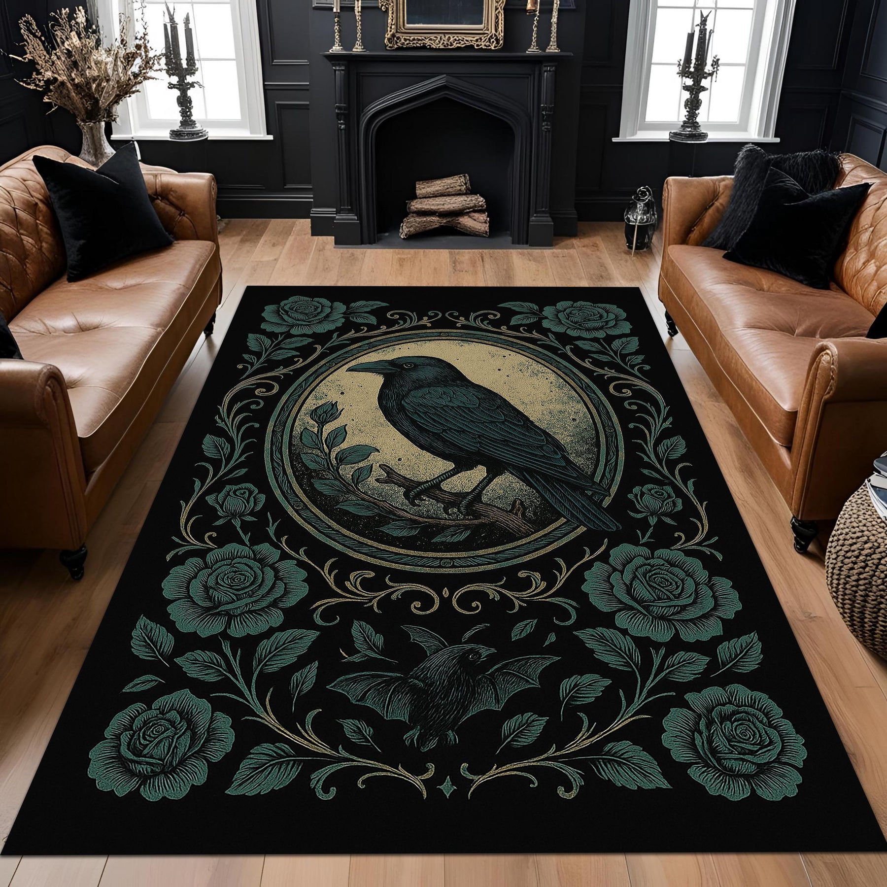 Gothic Floral Raven Area Rug: Dark Academia Washable Decor for Mystical Goth Rooms