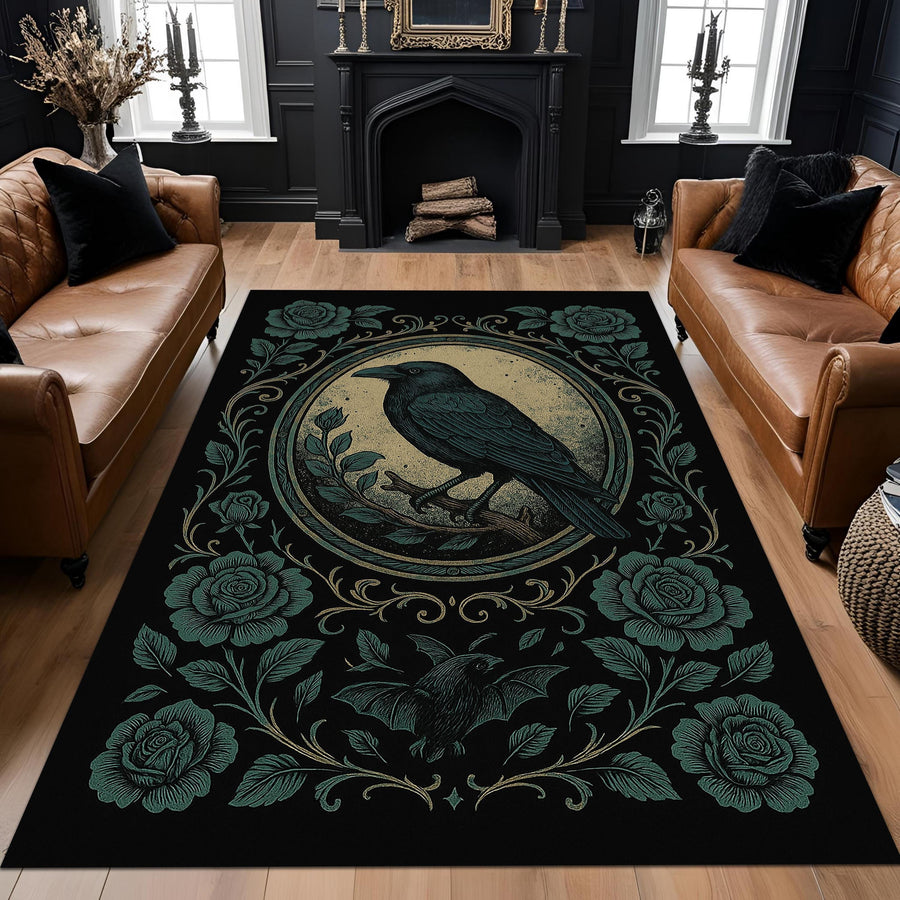 Gothic Floral Raven Area Rug: Dark Academia Washable Decor for Mystical Goth Rooms