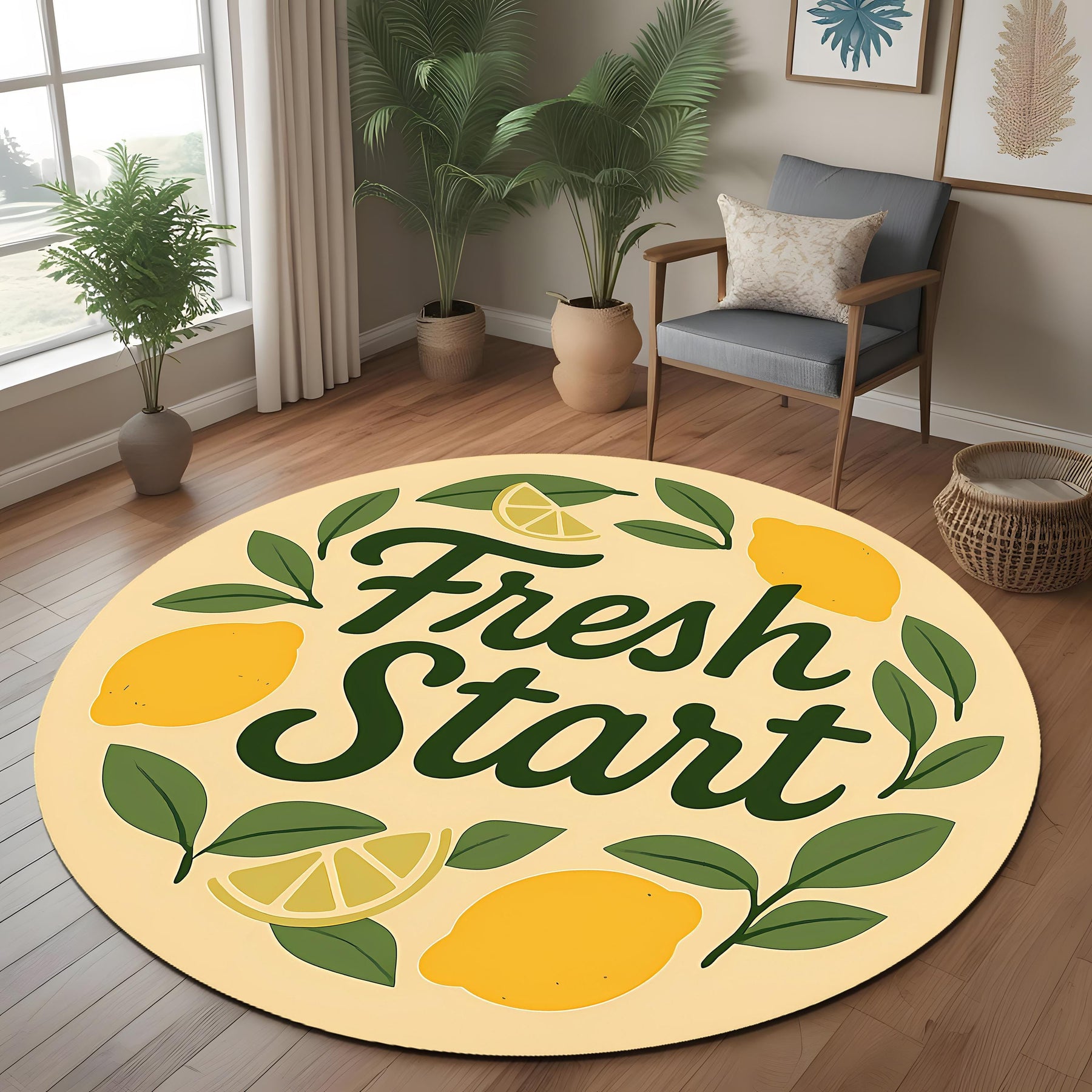 Fresh Start Round Rug: Minimalist Lemon Quote Rug for Entryway, Positive Morning Decor