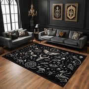 Dark Academia Gothic Rug, Witchy Black Skeleton Carpet, Mystical Floral Aesthetic Area Rug for Gothic Living Room or Occult Inspired Decor