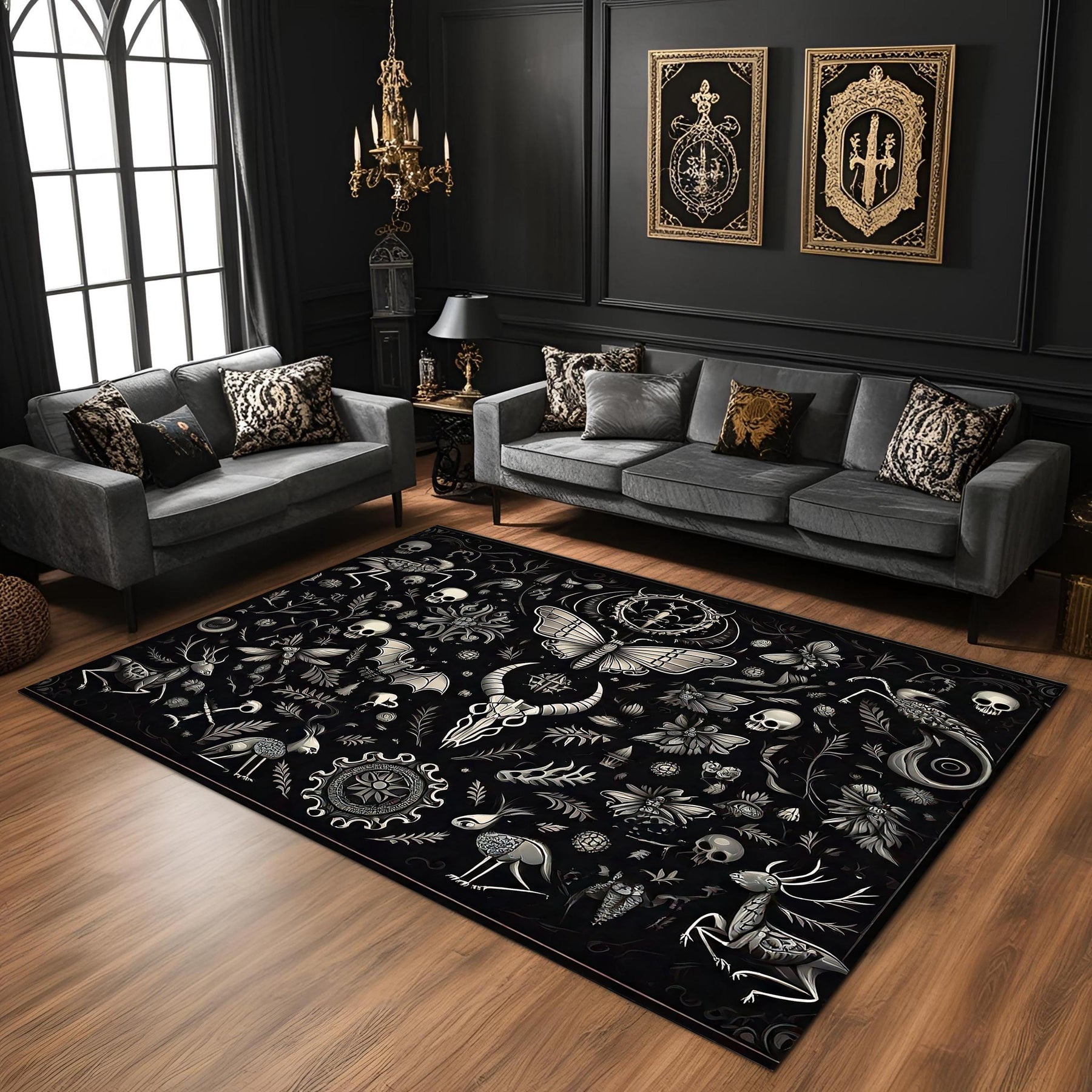 Dark Academia Gothic Rug, Witchy Black Skeleton Carpet, Mystical Floral Aesthetic Area Rug for Gothic Living Room or Occult Inspired Decor