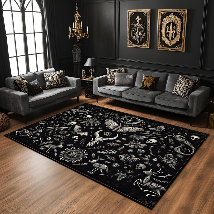 Dark Academia Gothic Rug, Witchy Black Skeleton Carpet, Mystical Floral Aesthetic Area Rug for Gothic Living Room or Occult Inspired Decor