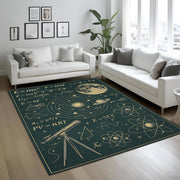 Astronomy Physics Rug, Science Formula Solar System Carpet, Dark Green Space Themed Living Room Rug, Telescope and Atom Decor