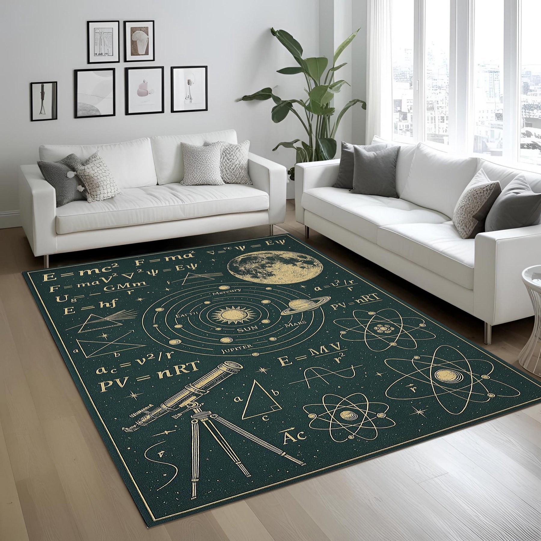 Astronomy Physics Rug, Science Formula Solar System Carpet, Dark Green Space Themed Living Room Rug, Telescope and Atom Decor