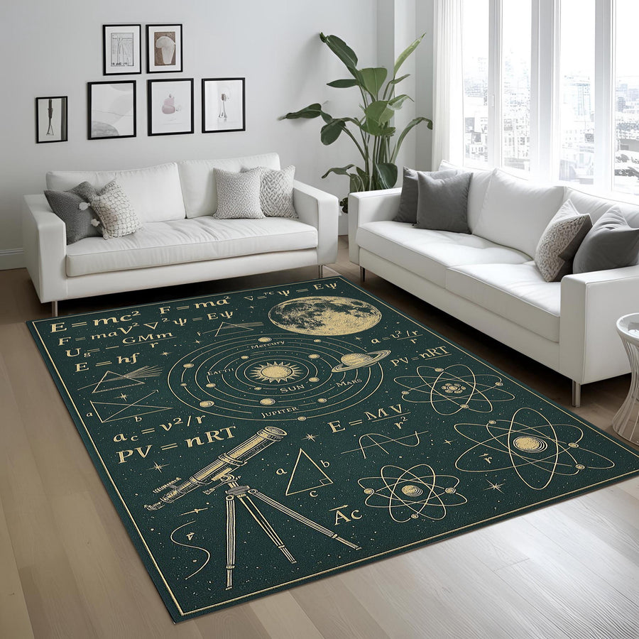 Astronomy Physics Rug, Science Formula Solar System Carpet, Dark Green Space Themed Living Room Rug, Telescope and Atom Decor