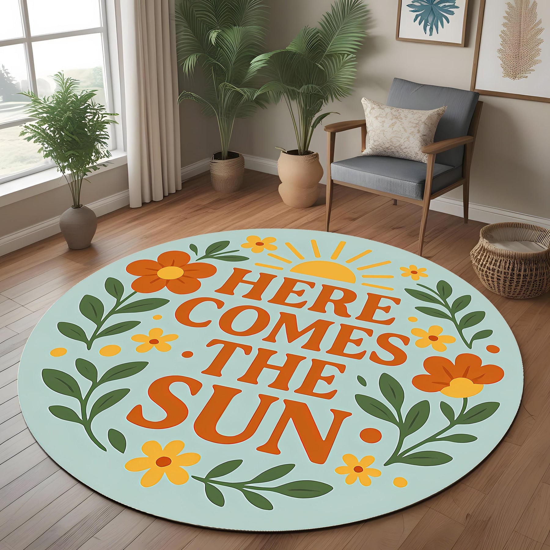 Here Comes The Sun Round Rug, Cheerful Floral Quote Rug for Entryway, Positive Gift Decor