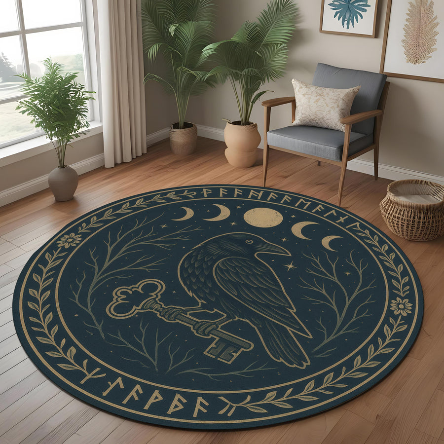 Raven Moon Phase Round Rug: Gothic Occult Carpet with Key, Runes and Mystical Night Symbols for Dark or Witchy Room Decor