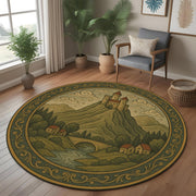Medieval Castle Round Rug: Vintage Landscape Carpet with Hilltop Fortress and Village Scene for Living Room or Gothic Cottage Decor