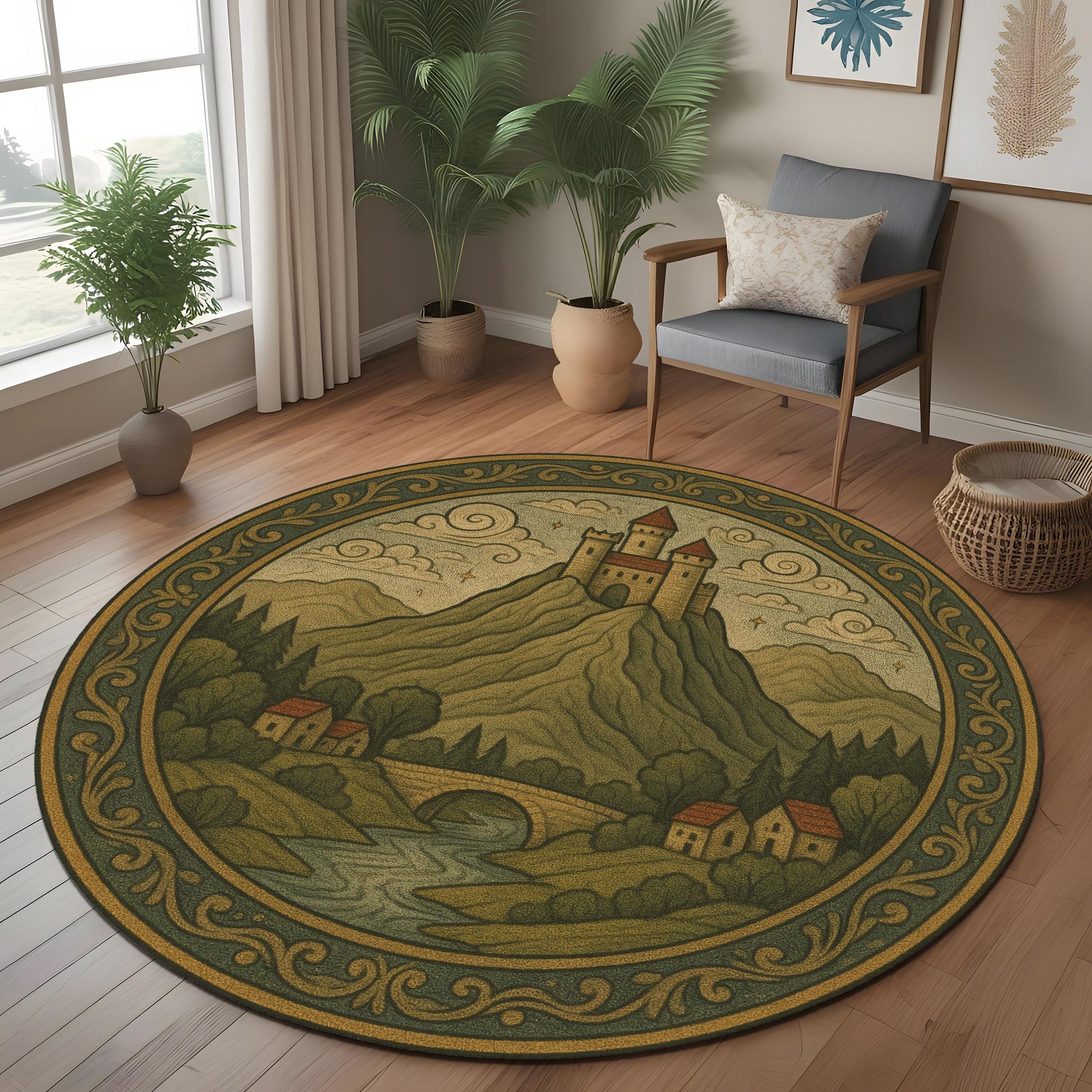 Medieval Castle Round Rug: Vintage Landscape Carpet with Hilltop Fortress and Village Scene for Living Room or Gothic Cottage Decor