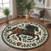 Medieval Knight Round Rug with Heraldic Horse Design, Vintage Tapestry Style Carpet for Living Room or Fantasy Themed Home Decor