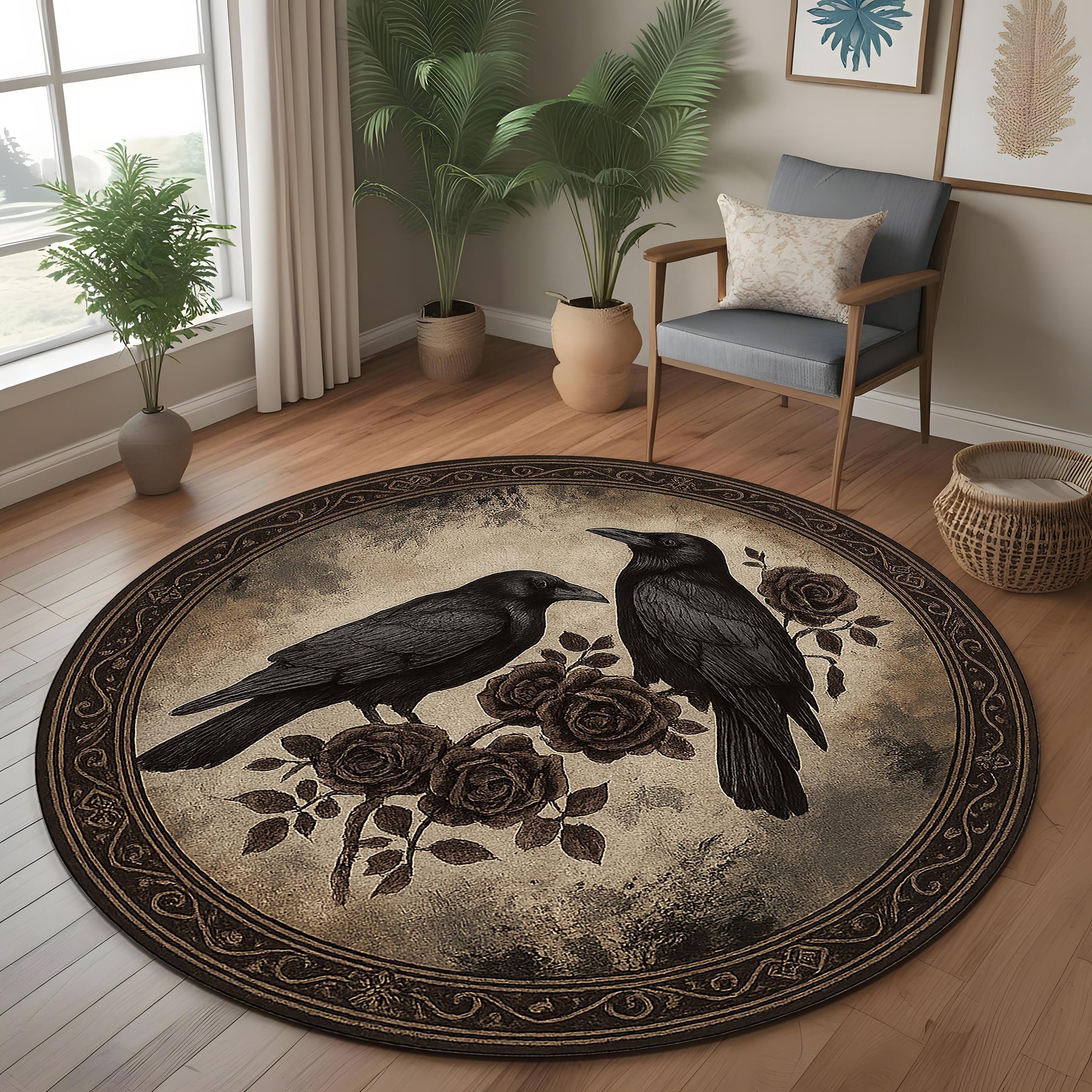 Gothic Raven Round Rug: Mystical Crow And Rose Carpet for Witchy Room, Dark Botanical Decor, Gothic Style Living Space