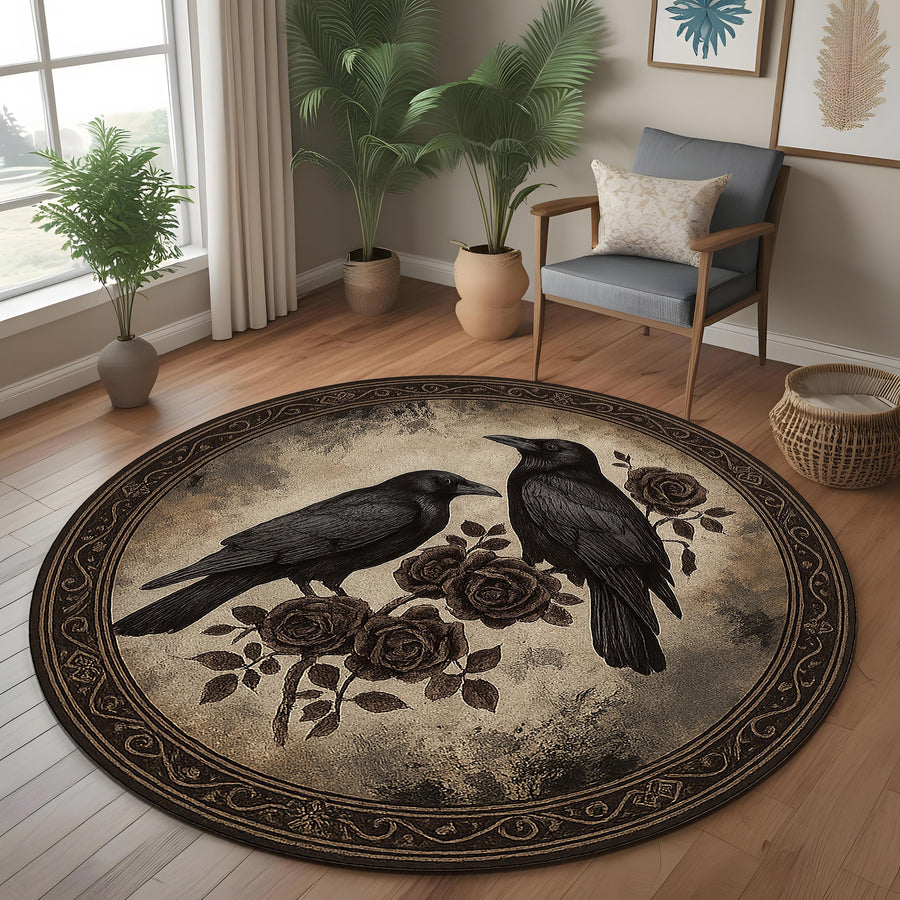 Gothic Raven Round Rug: Mystical Crow And Rose Carpet for Witchy Room, Dark Botanical Decor, Gothic Style Living Space