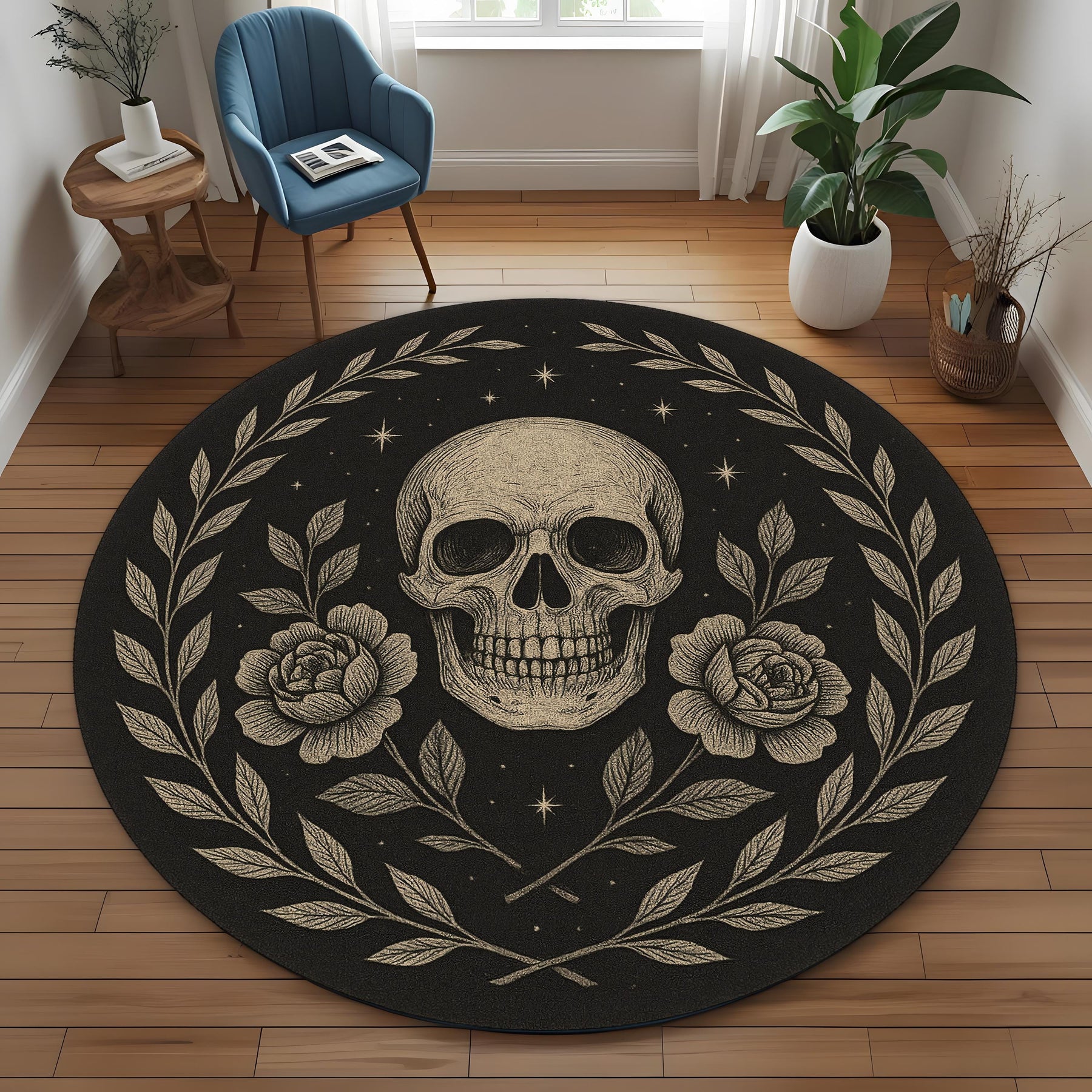 Floral Skull Round Rug: Gothic Rose And Skull Design Carpet For Mystical, Occult Or Dark Room Decor