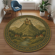 Medieval Castle Round Rug: Vintage Landscape Carpet with Hilltop Fortress and Village Scene for Living Room or Gothic Cottage Decor