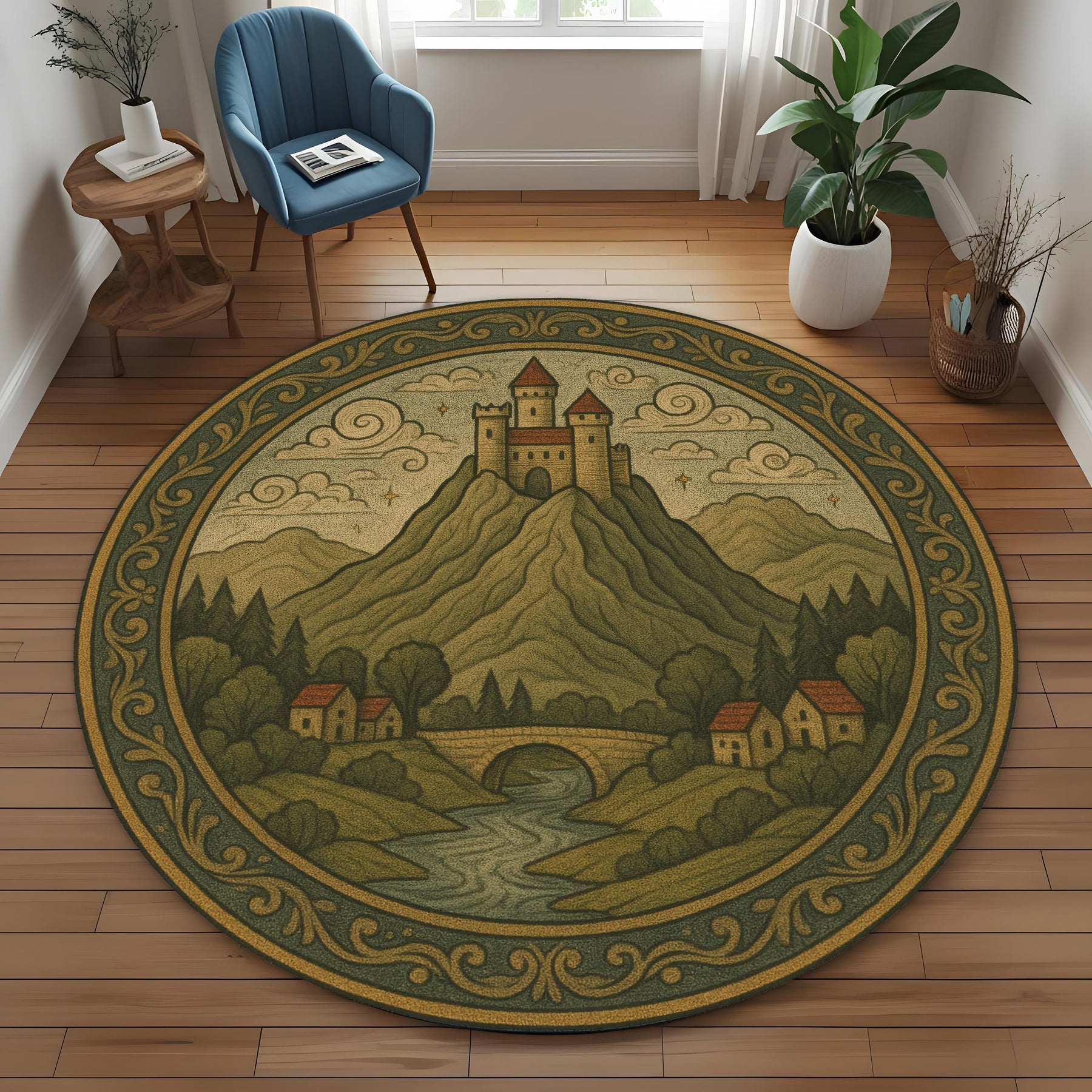 Medieval Castle Round Rug: Vintage Landscape Carpet with Hilltop Fortress and Village Scene for Living Room or Gothic Cottage Decor