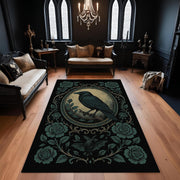 Gothic Floral Raven Area Rug: Dark Academia Washable Decor for Mystical Goth Rooms