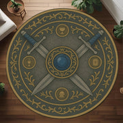 Medieval Tapestry Sword Rug, Round Warrior Crest Design Rug, Fantasy Rustic Home Decor