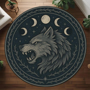 Moon Wolf Round Rug: Mystical Lunar Cycle Rug with Gothic Forest Motif and Midnight Werewolf Energy