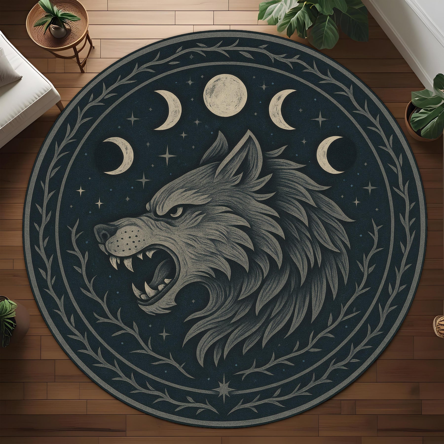 Moon Wolf Round Rug: Mystical Lunar Cycle Rug with Gothic Forest Motif and Midnight Werewolf Energy