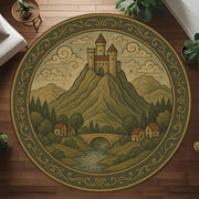 Medieval Castle Round Rug: Vintage Landscape Carpet with Hilltop Fortress and Village Scene for Living Room or Gothic Cottage Decor