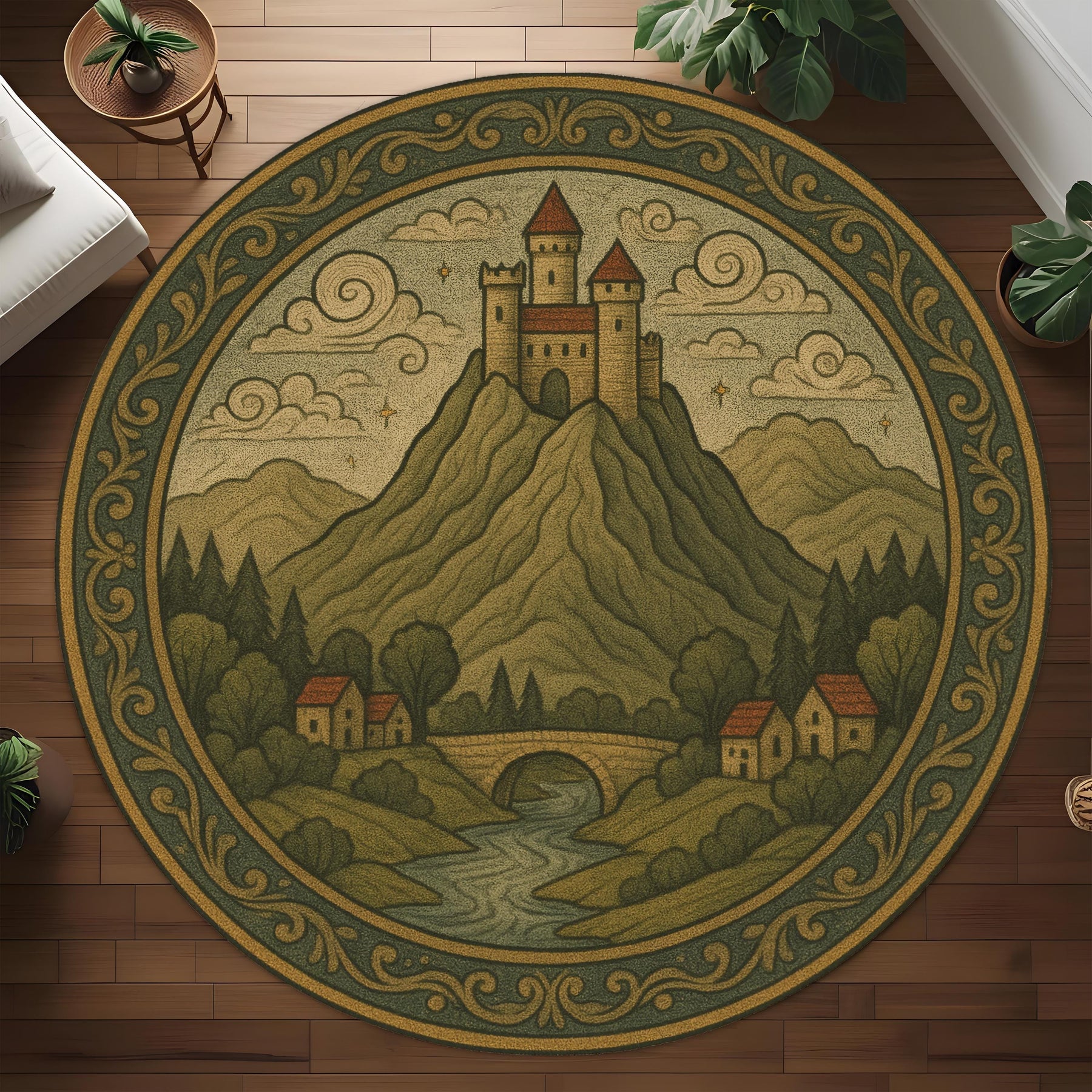 Medieval Castle Round Rug: Vintage Landscape Carpet with Hilltop Fortress and Village Scene for Living Room or Gothic Cottage Decor