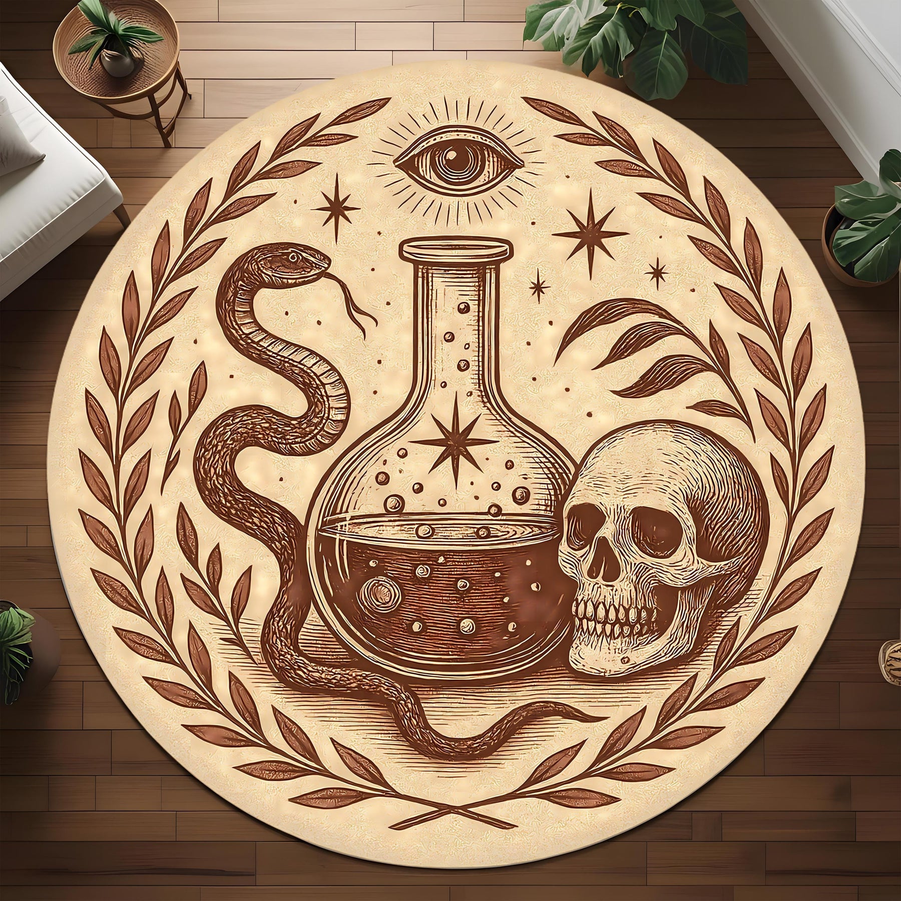 Occult Alchemy Round Rug: Snake, Skull And Potion Design For Gothic Living Room Or Witchy Decor