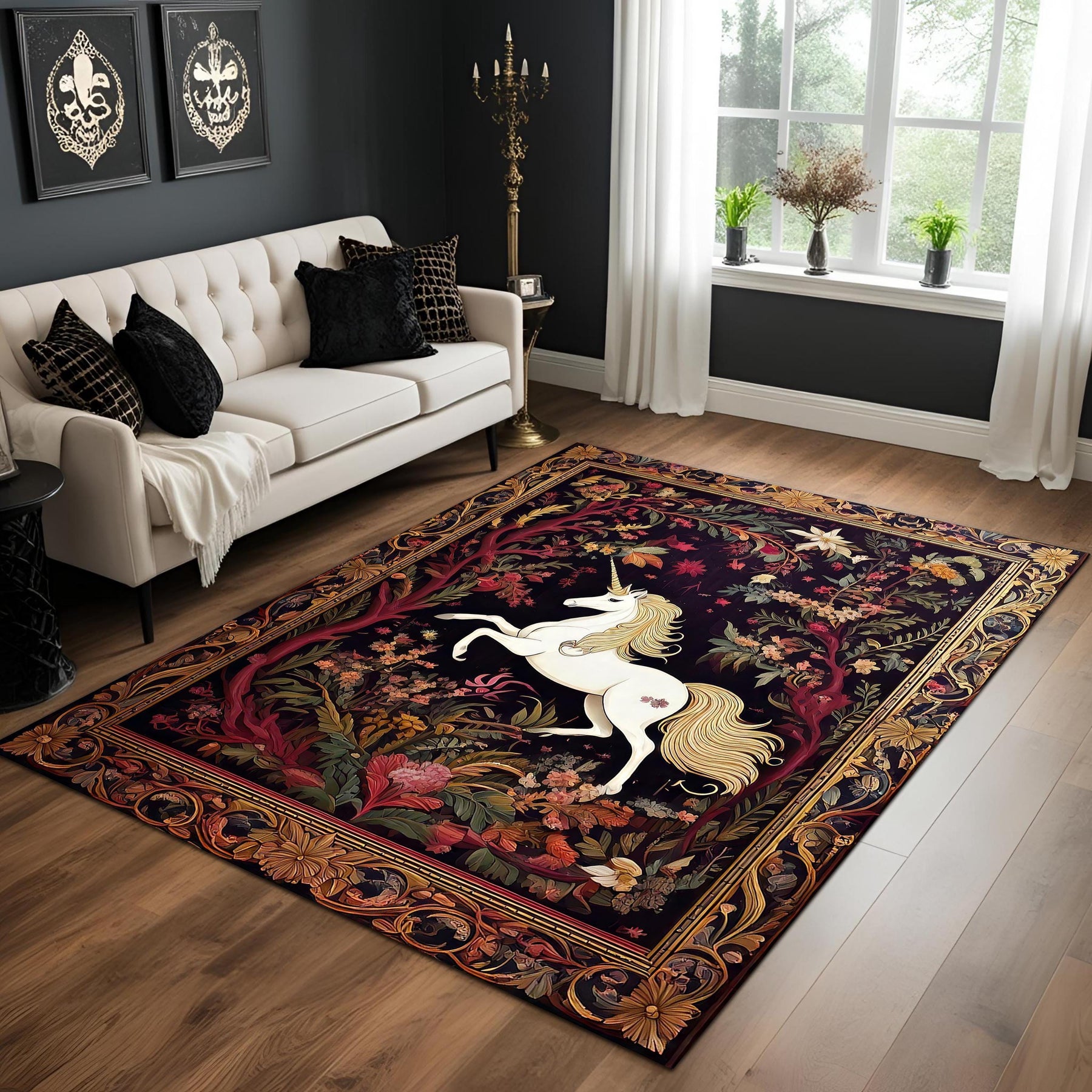 Elegant Unicorn Rug: Medieval Tapestry Style Carpet with Golden Floral Frame, Fantasy Horse Decor for Gothic or Fairytale Rooms