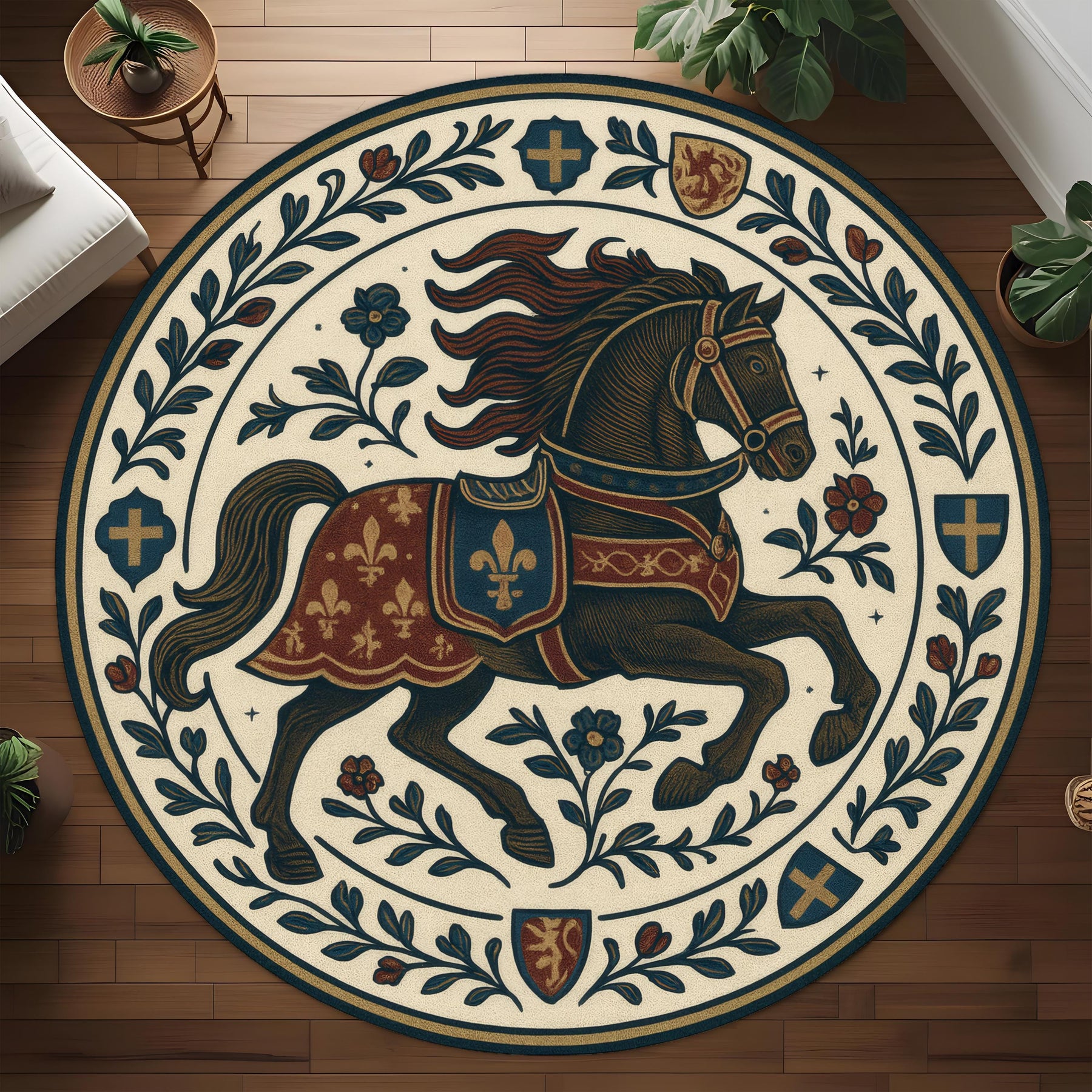 Medieval Knight Round Rug with Heraldic Horse Design, Vintage Tapestry Style Carpet for Living Room or Fantasy Themed Home Decor