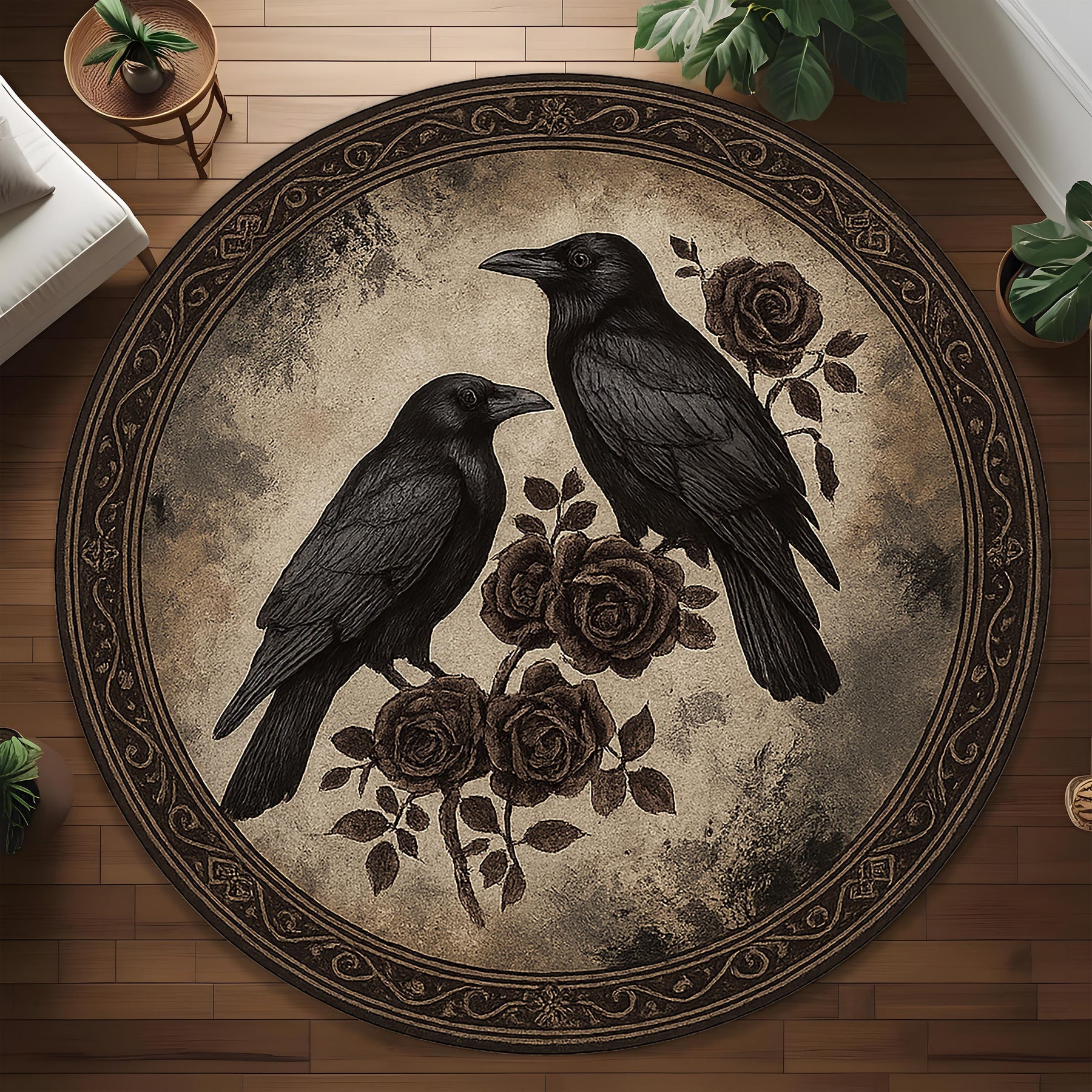 Gothic Raven Round Rug: Mystical Crow And Rose Carpet for Witchy Room, Dark Botanical Decor, Gothic Style Living Space