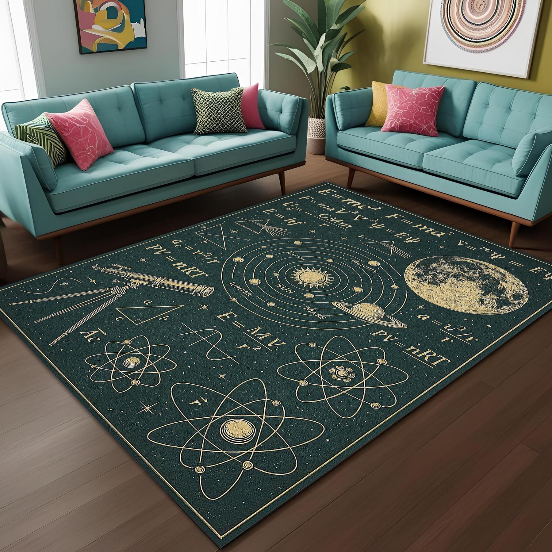 Astronomy Physics Rug, Science Formula Solar System Carpet, Dark Green Space Themed Living Room Rug, Telescope and Atom Decor