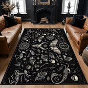 Dark Academia Gothic Rug, Witchy Black Skeleton Carpet, Mystical Floral Aesthetic Area Rug for Gothic Living Room or Occult Inspired Decor