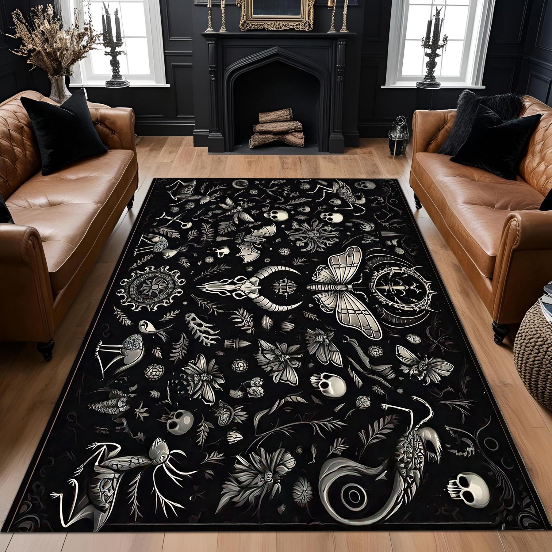 Dark Academia Gothic Rug, Witchy Black Skeleton Carpet, Mystical Floral Aesthetic Area Rug for Gothic Living Room or Occult Inspired Decor