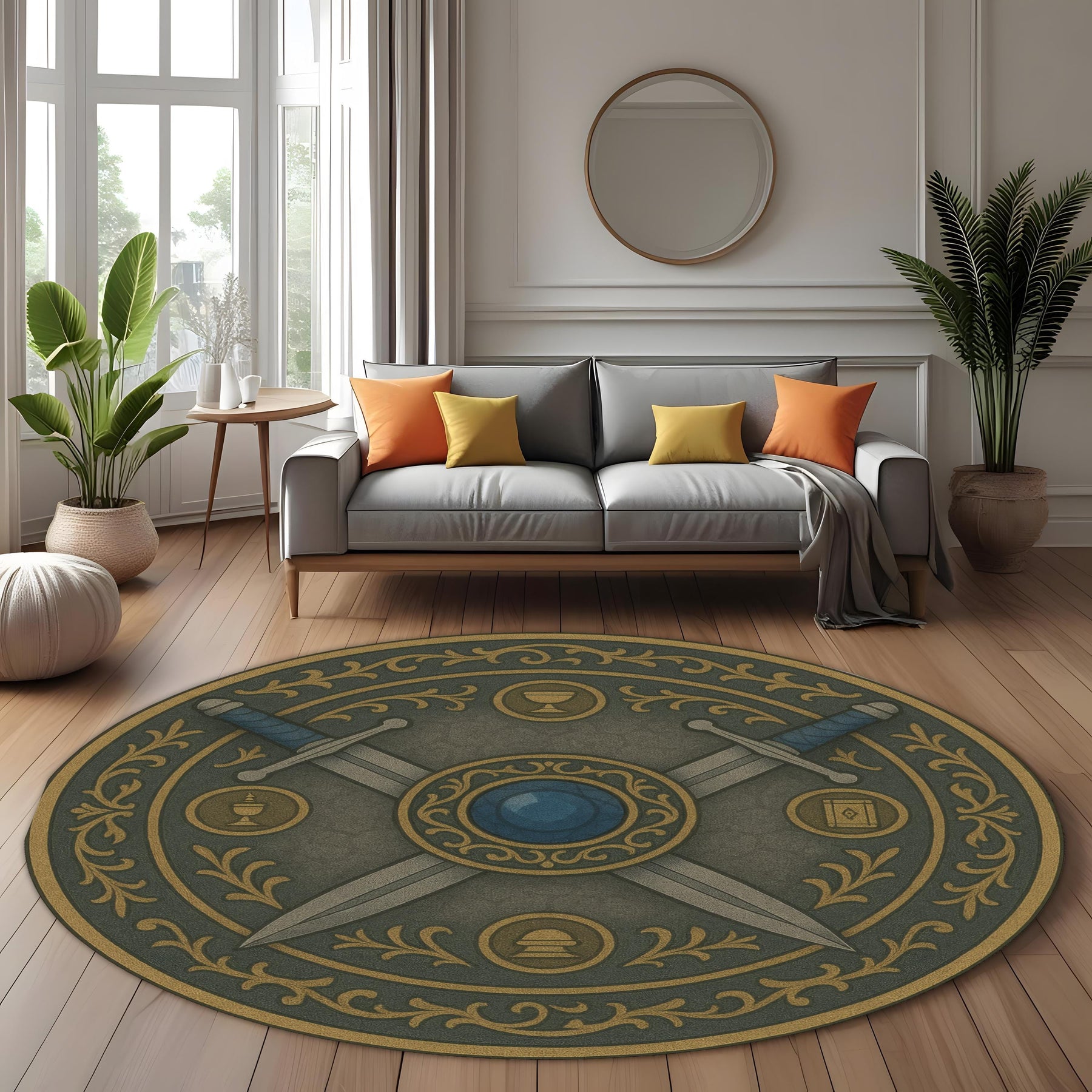 Medieval Tapestry Sword Rug, Round Warrior Crest Design Rug, Fantasy Rustic Home Decor
