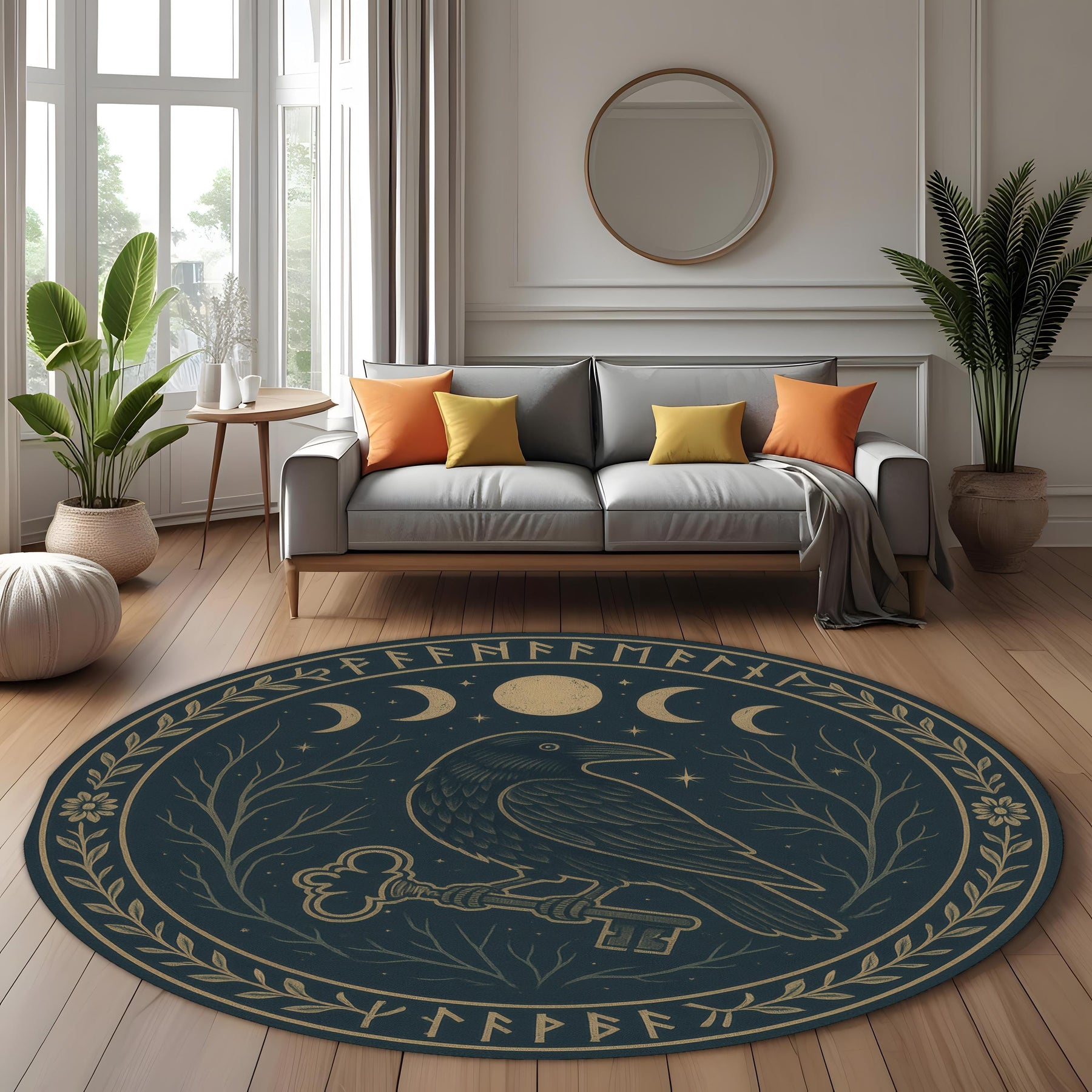 Raven Moon Phase Round Rug: Gothic Occult Carpet with Key, Runes and Mystical Night Symbols for Dark or Witchy Room Decor