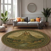 Medieval Castle Round Rug: Vintage Landscape Carpet with Hilltop Fortress and Village Scene for Living Room or Gothic Cottage Decor