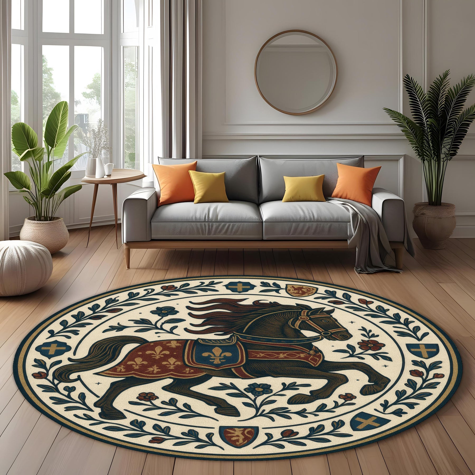 Medieval Knight Round Rug with Heraldic Horse Design, Vintage Tapestry Style Carpet for Living Room or Fantasy Themed Home Decor