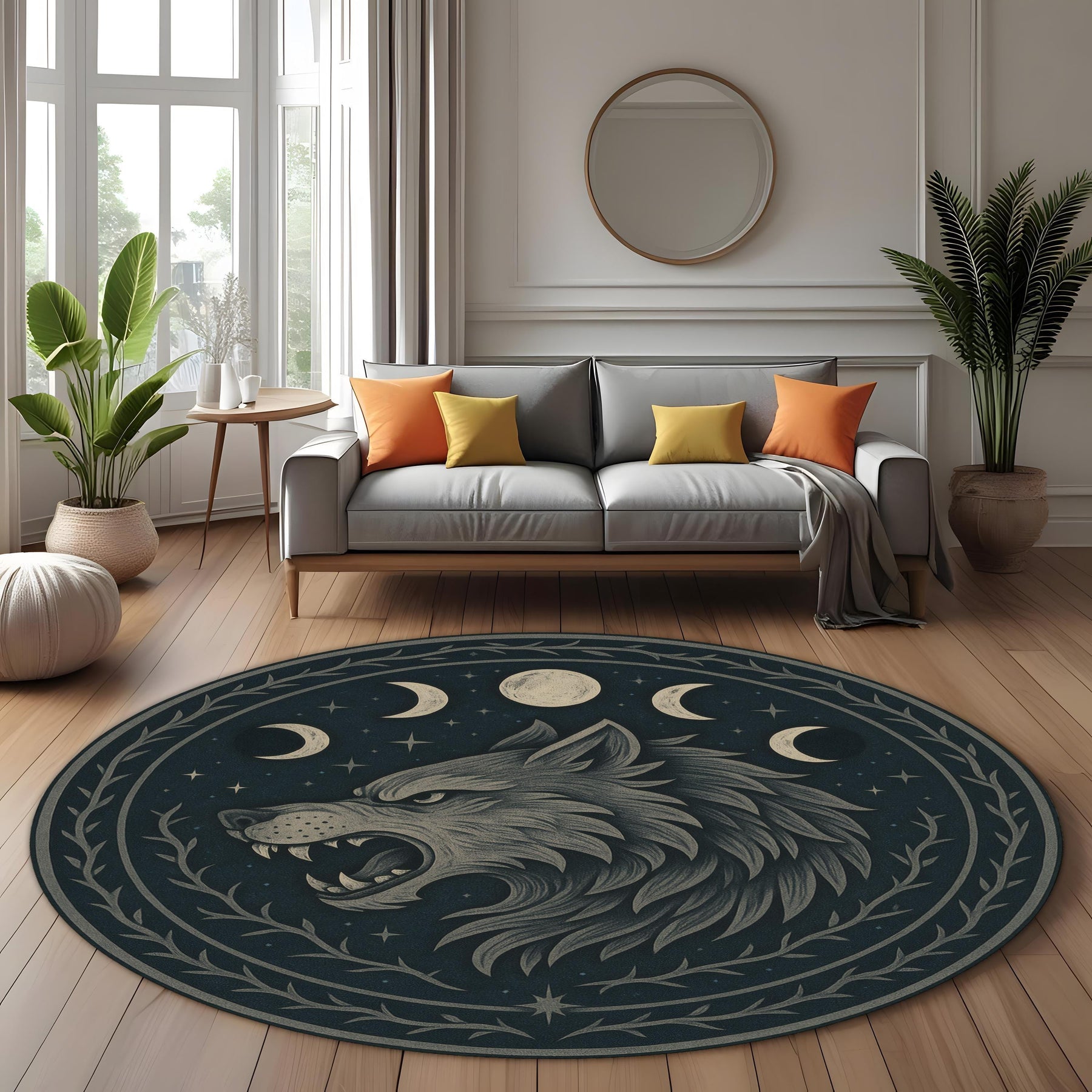 Moon Wolf Round Rug: Mystical Lunar Cycle Rug with Gothic Forest Motif and Midnight Werewolf Energy
