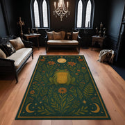 Mystic Frog Rug With Botanical Moon Design, Forest Green Celestial Carpet, Whimsical Nature Boho Living Room Decor
